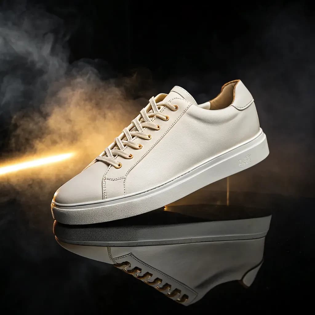 White leather sneaker over black reflective glass