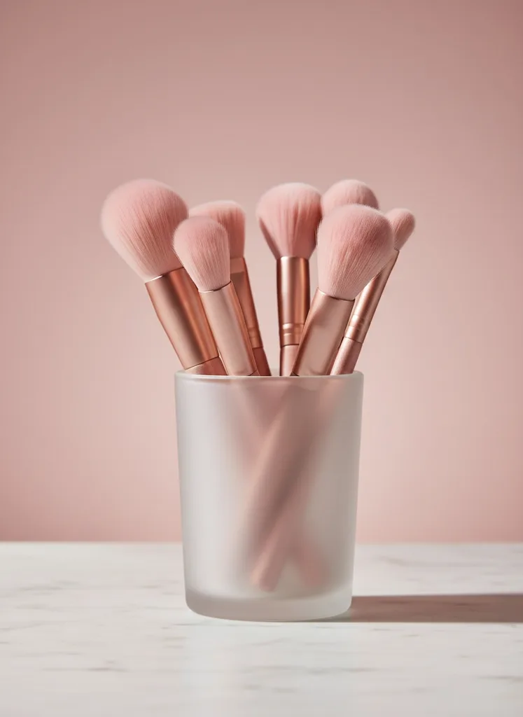 Rose-gold makeup brushes on a marble vanity