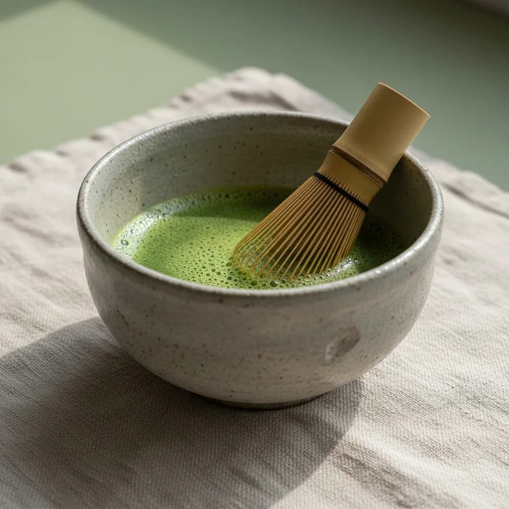 Matcha bowl with bamboo whisk on linen