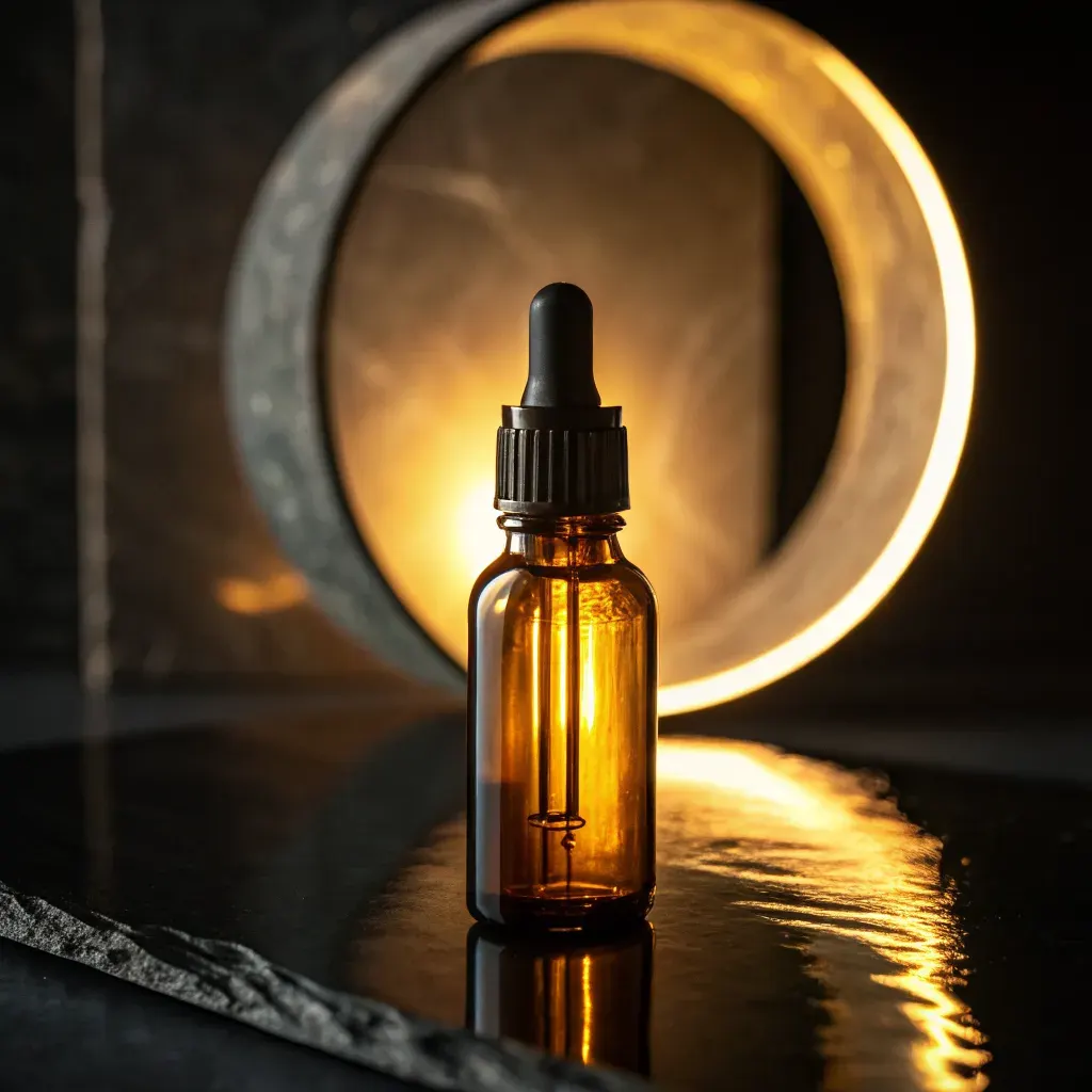 Amber serum bottle glowing on a dark set