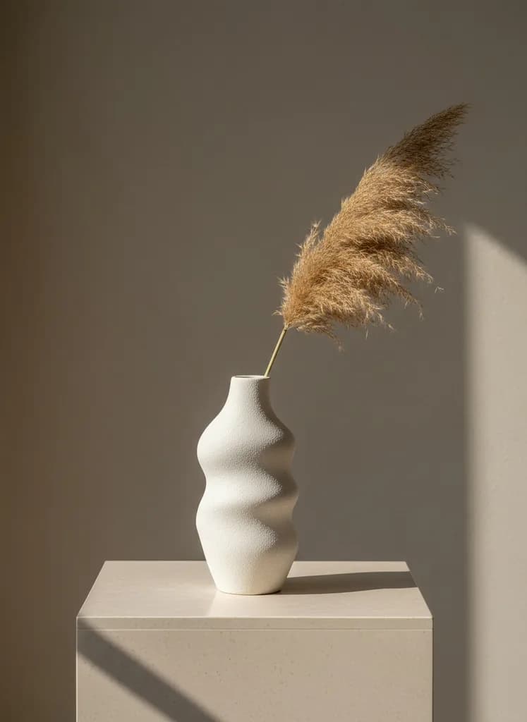 Sculptural white vase with pampas on a plinth
