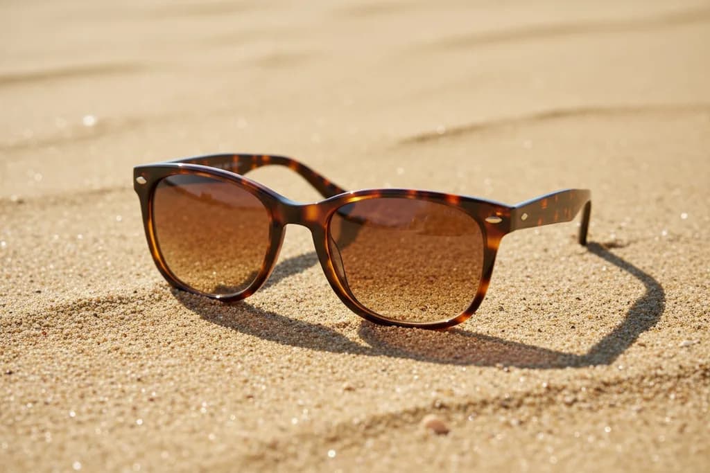 Tortoiseshell sunglasses on warm sand