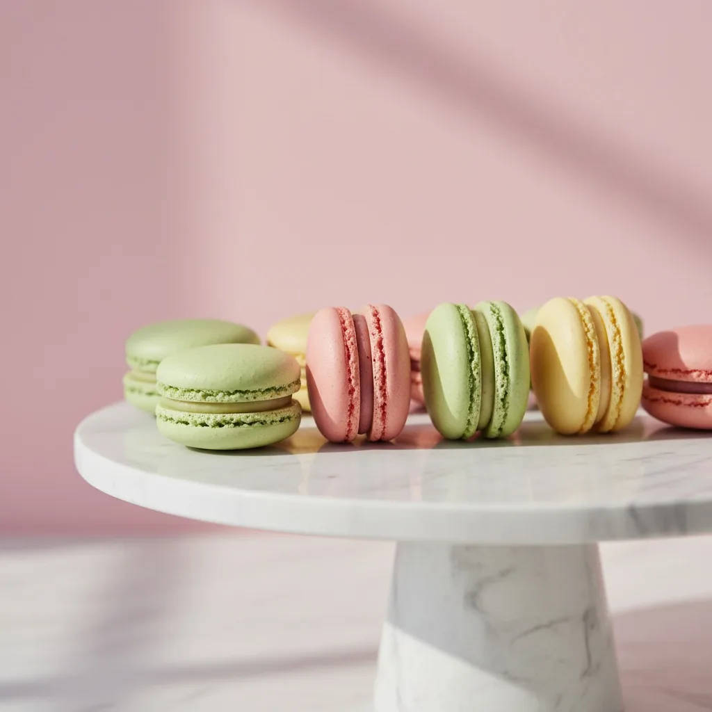Pastel macarons on a white marble stand