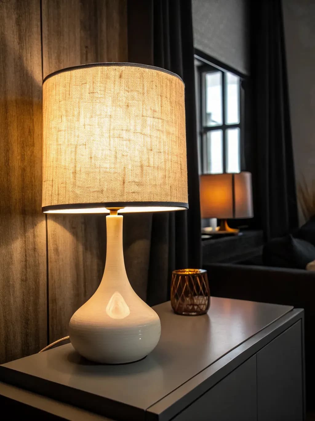 Linen-shade lamp glowing in a dark room