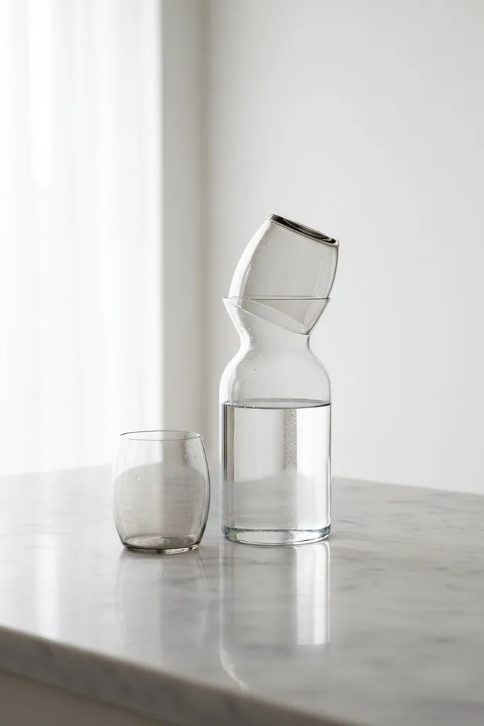 Smoked-glass carafe and tumbler on marble