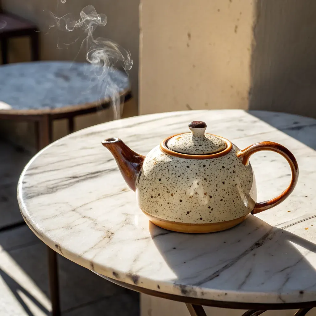 Ceramic teapot on a café table in morning sun