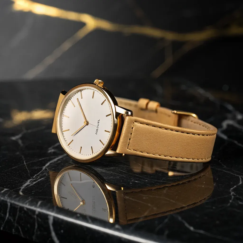Gold watch coiled on black marble