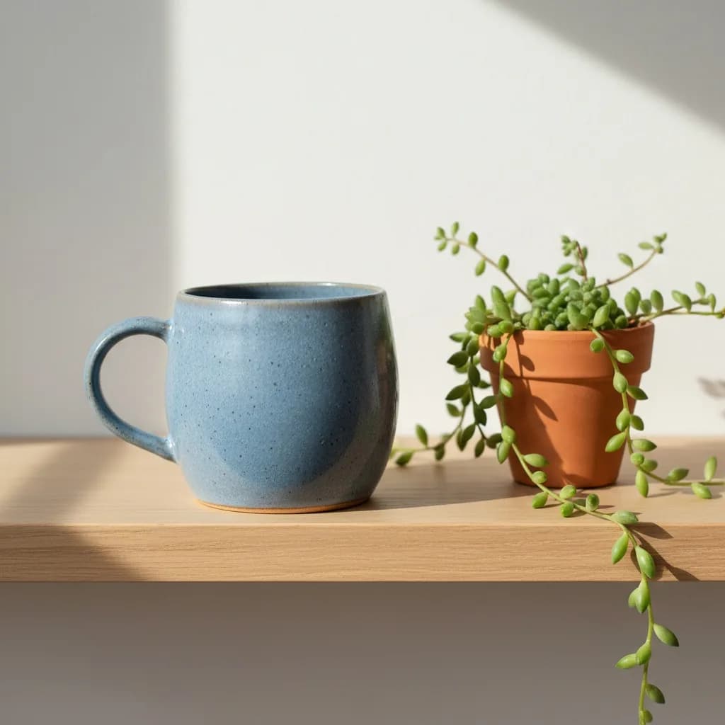 Speckled ceramic mug on a pale oak shelf