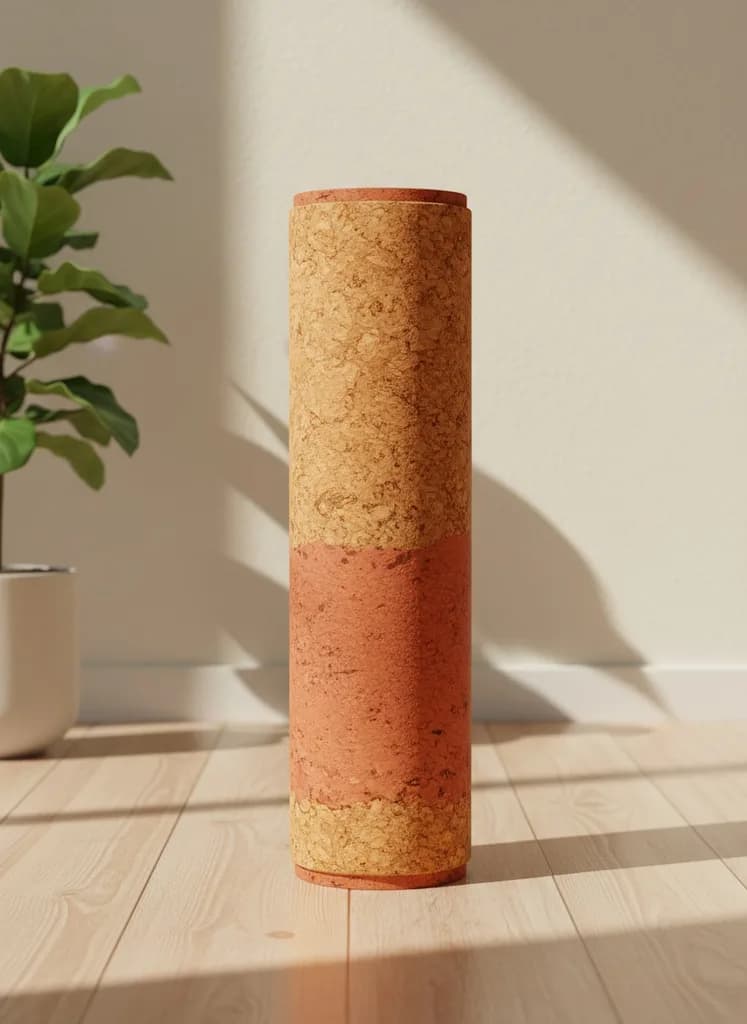 Rolled cork yoga mat by a plant
