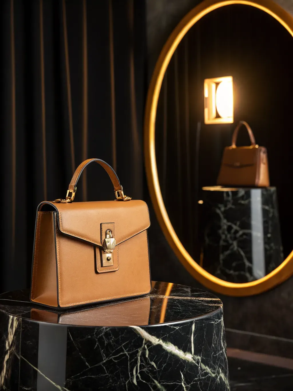 Tan leather handbag on a black marble pedestal