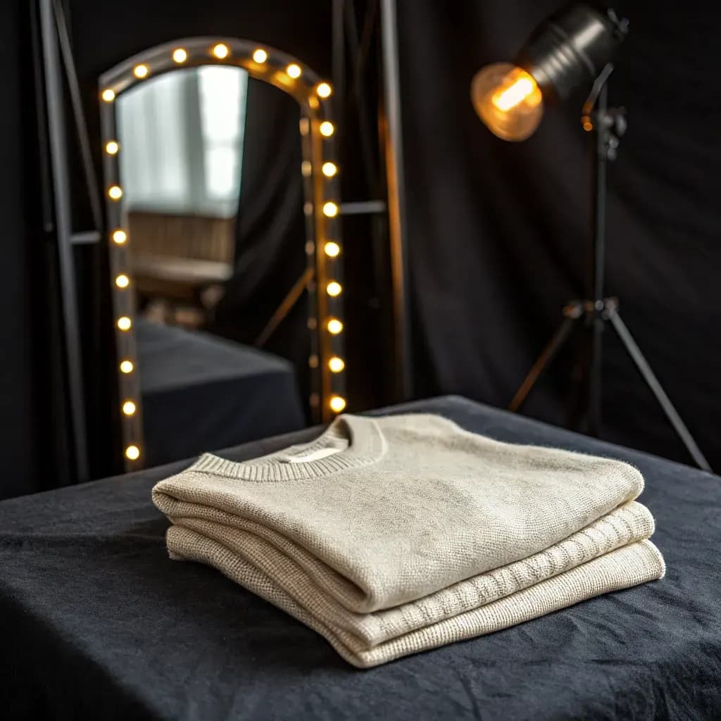 Folded oatmeal cashmere sweater under a spotlight
