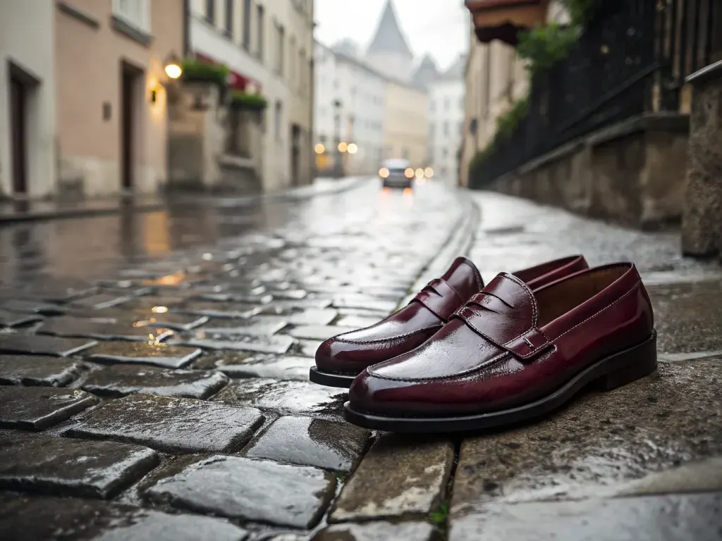 Burgundy loafers on wet cobblestones