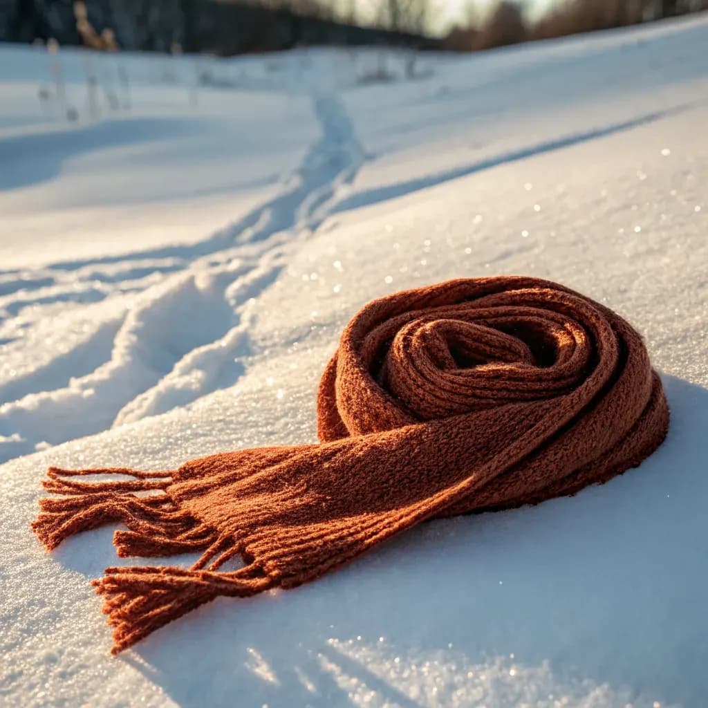 Wool scarf on fresh snow in winter sun