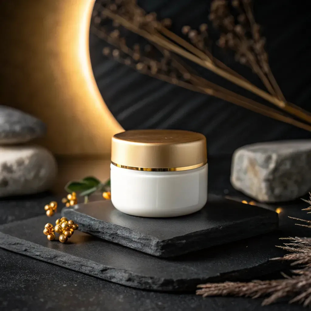 White ceramic cream jar on a dark stone plinth