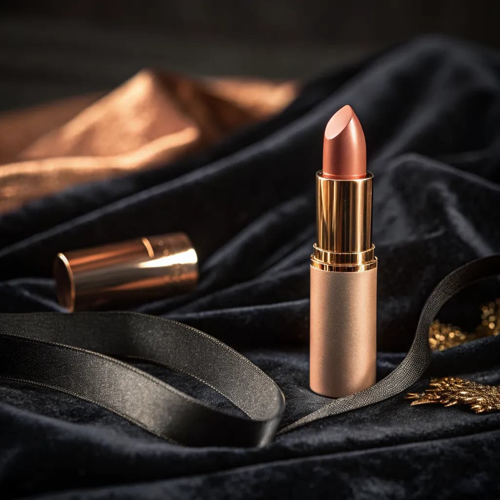 Rose-gold lipstick on dark velvet