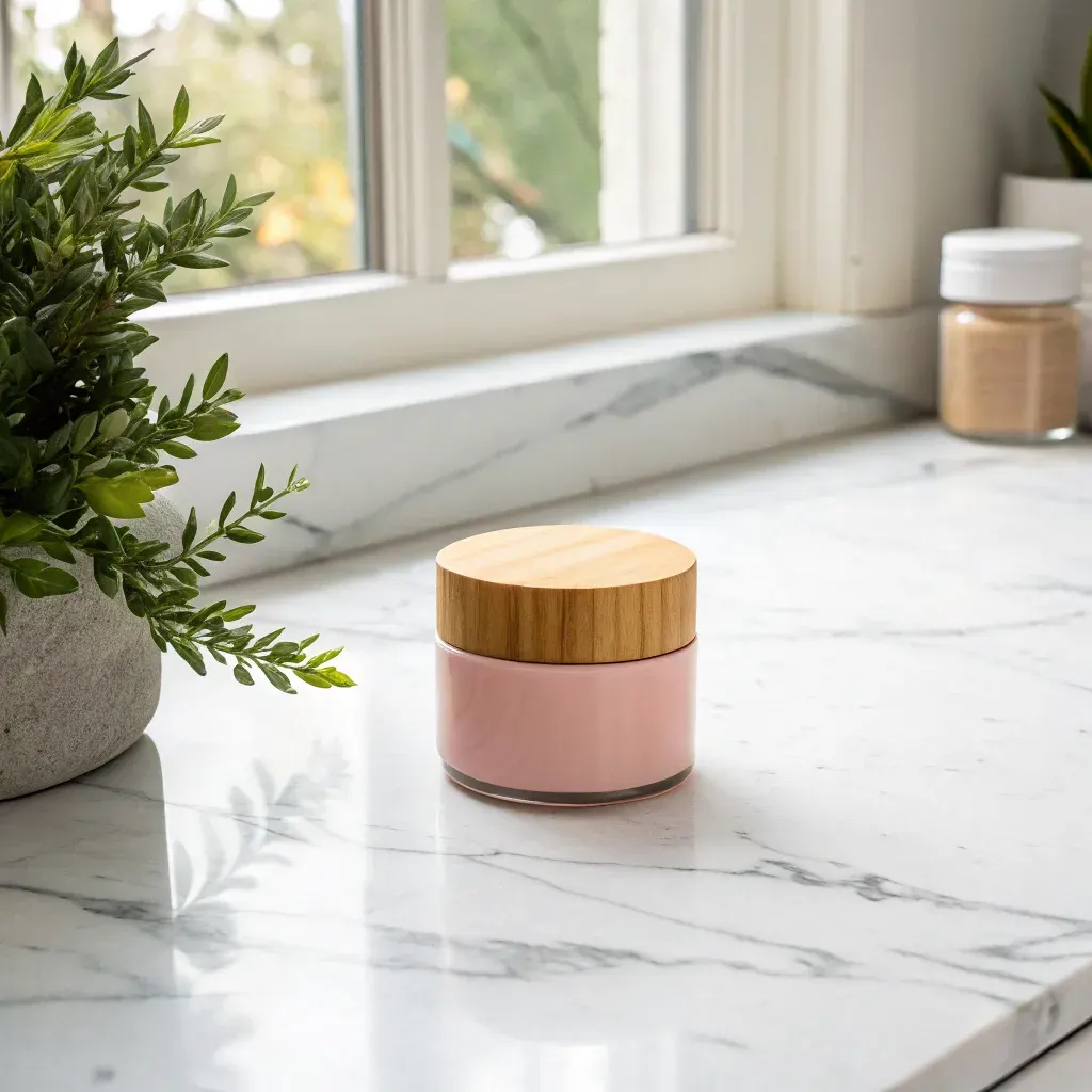 Pink clay mask jar on white marble in daylight
