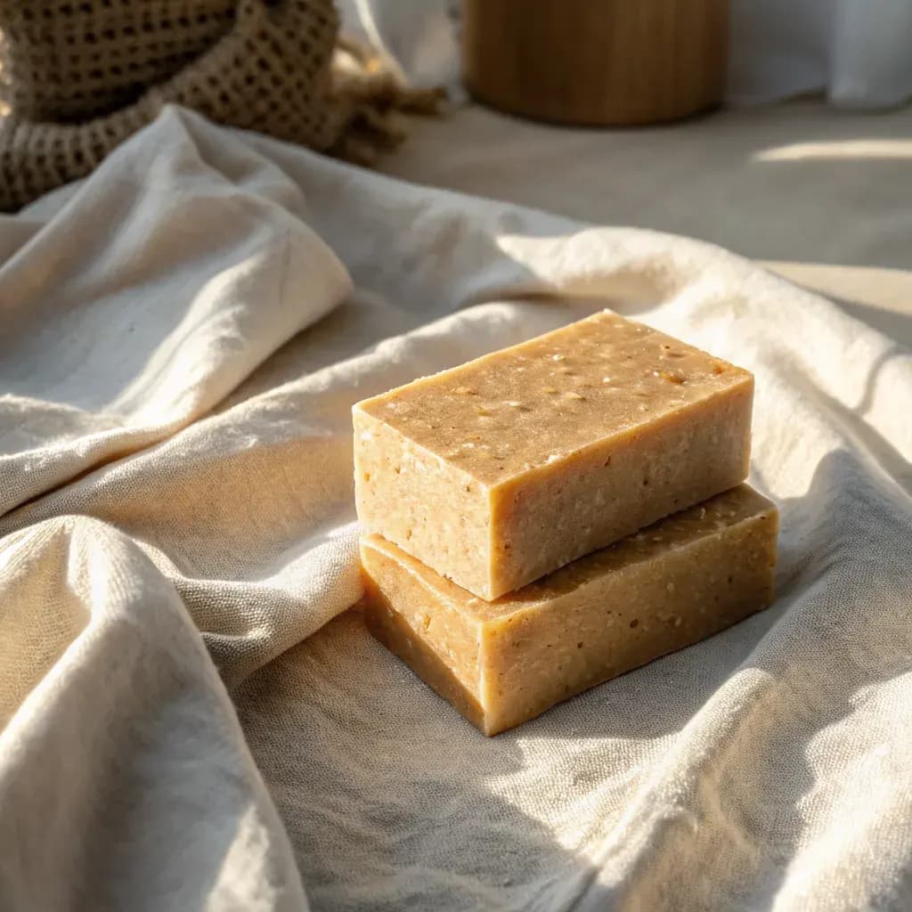 Artisan soap bars on rumpled linen in morning sun