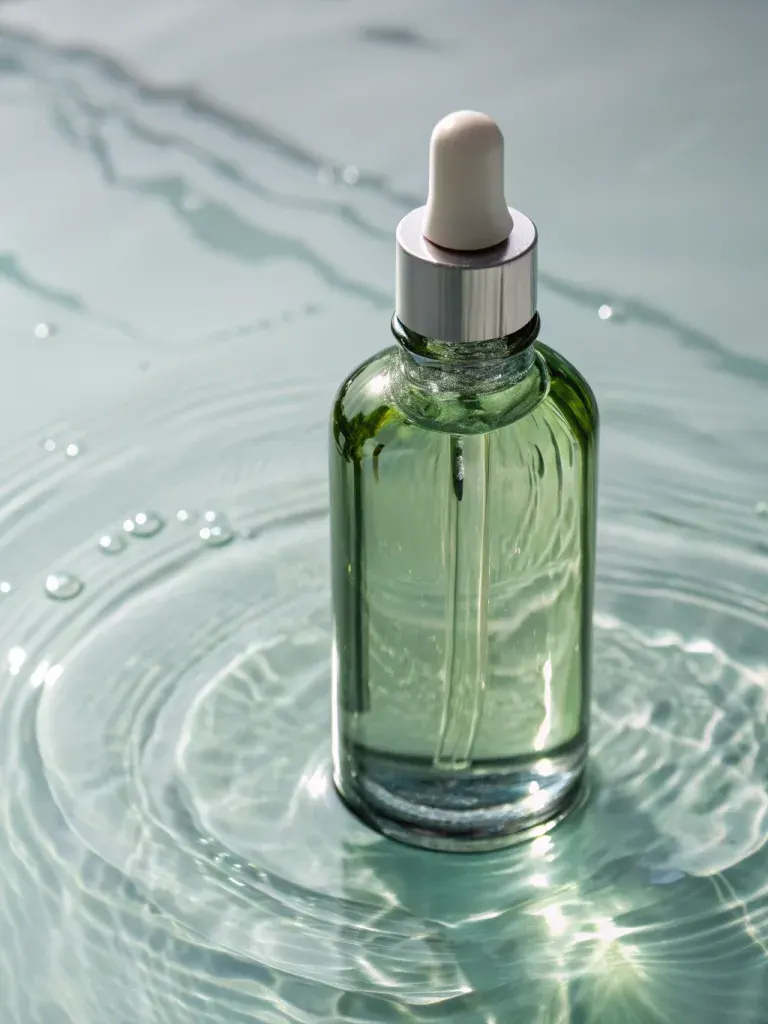 Sage-green toner bottle standing in rippling water