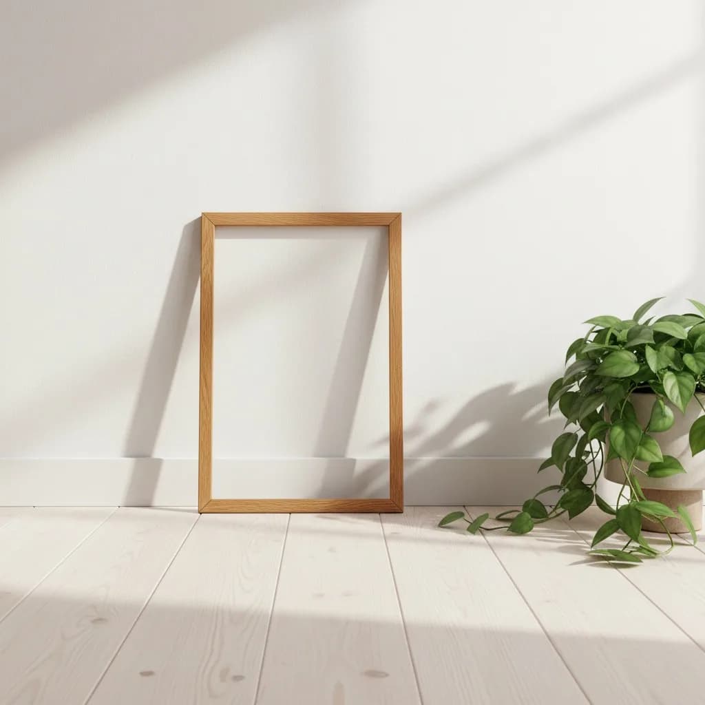 Oak picture frame leaning on a white wall