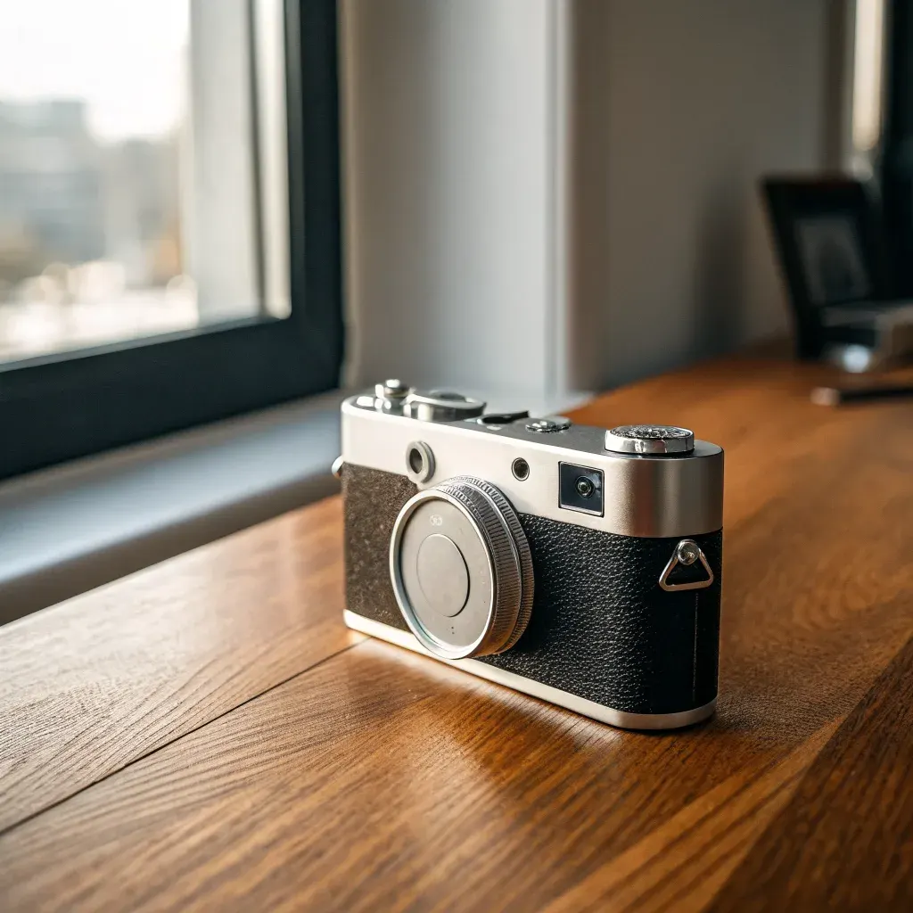 A retro camera on a wooden desk in bright window light — precision, brightly lit
