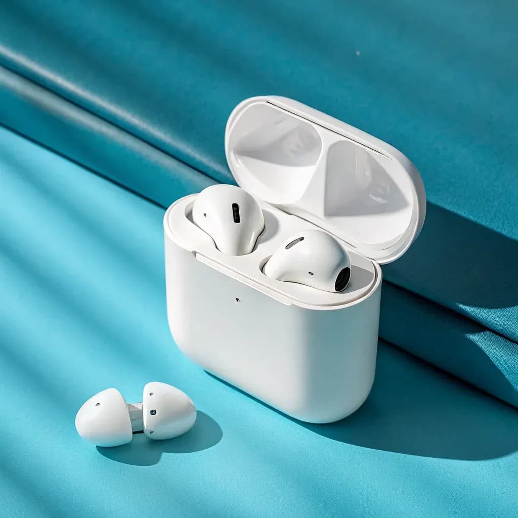 Earbuds case on an electric-blue gradient
