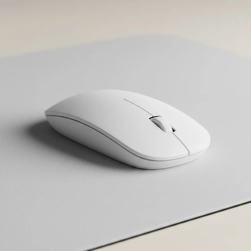 Matte-white ergonomic mouse on a grey mat