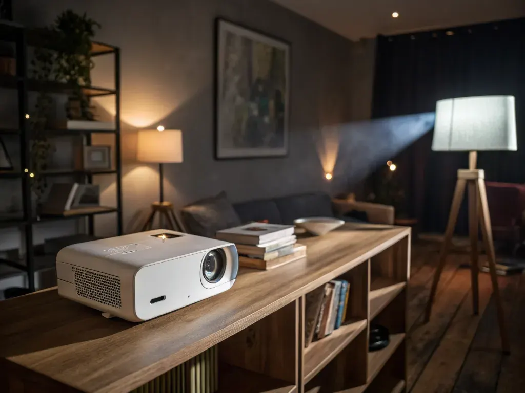 Mini projector casting a beam at dusk