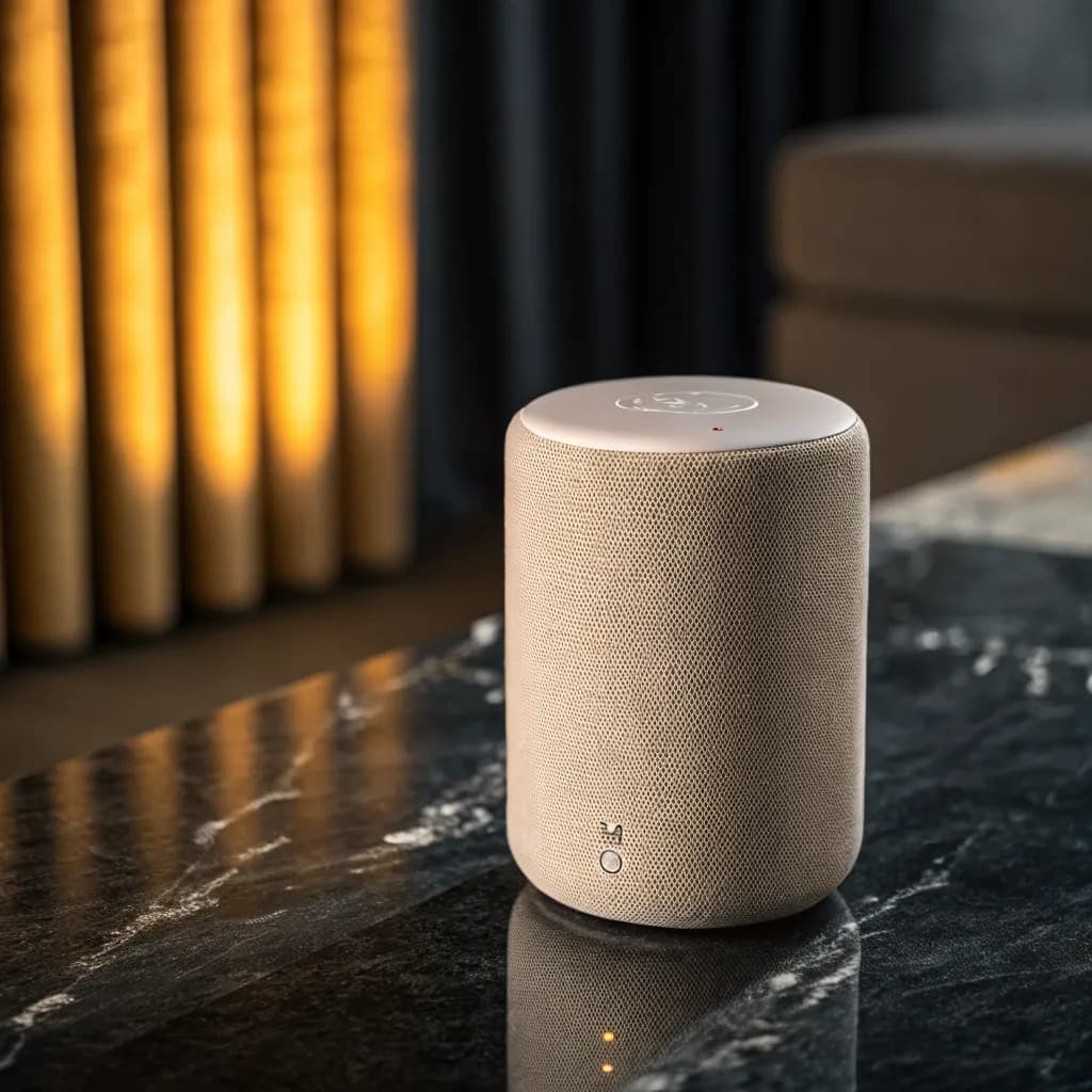 Fabric smart speaker on dark slate