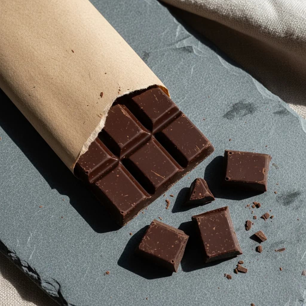 Artisan chocolate bar broken on grey slate