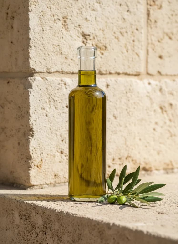 Olive oil bottle on a sunlit stone ledge