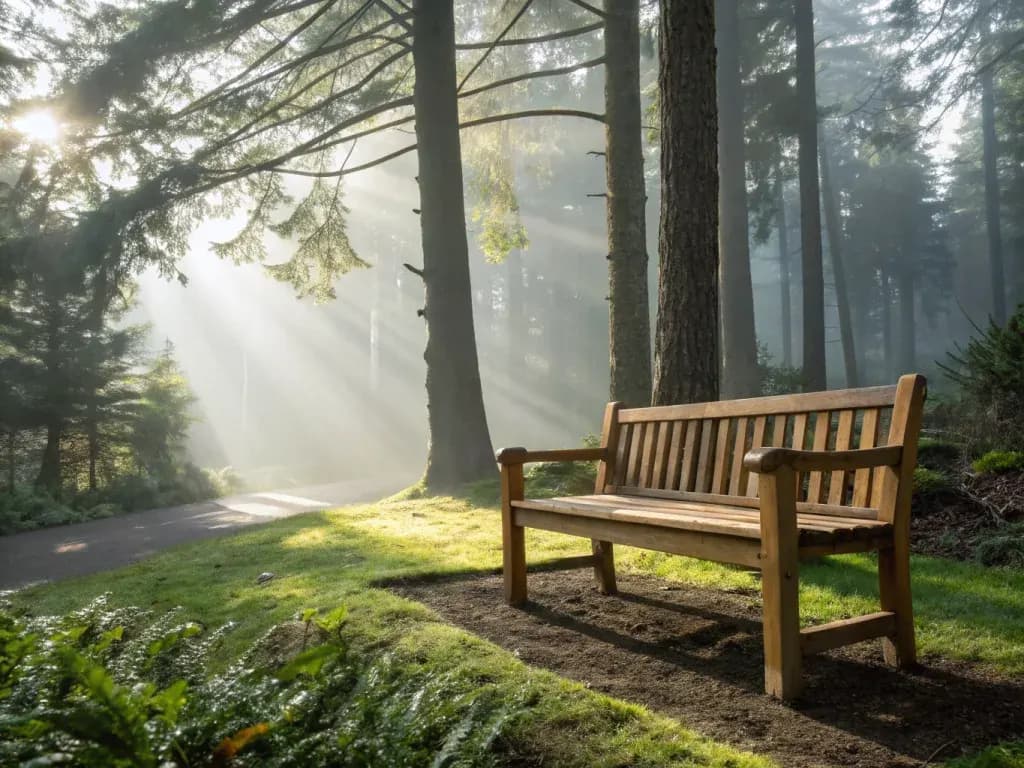 Cedar bench in morning forest light