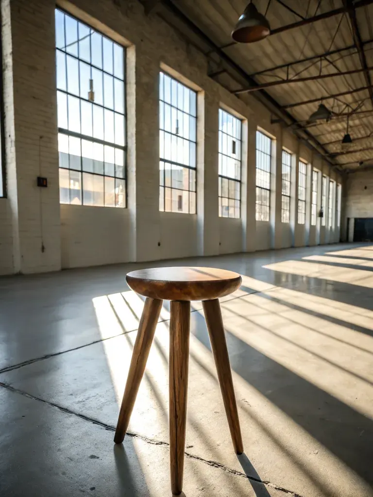 Walnut stool in a sunlit loft