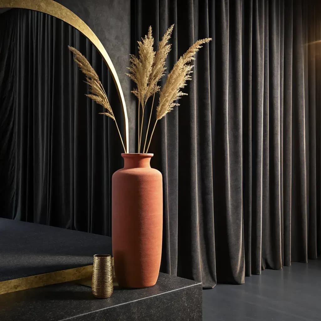 Terracotta vase with pampas grass on a dark plinth