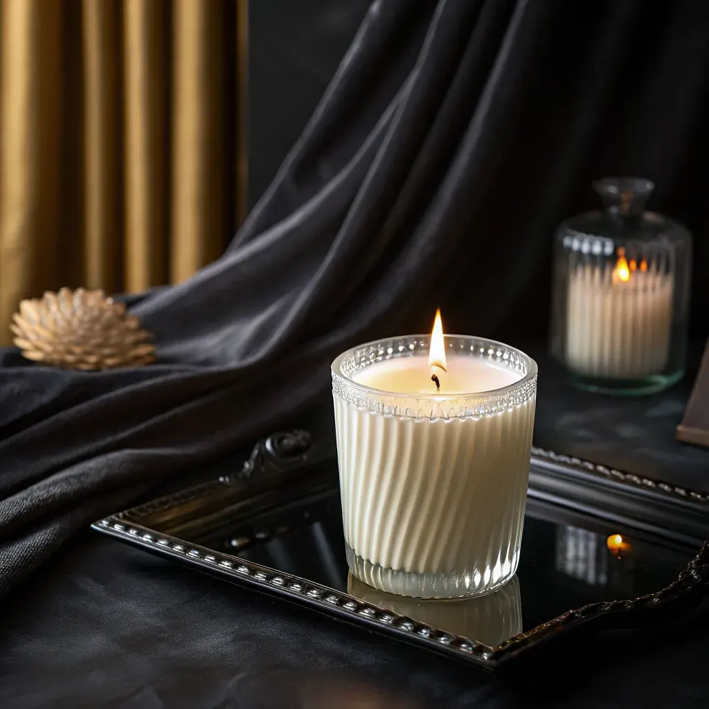 Cream candle, its flame lighting a dark set