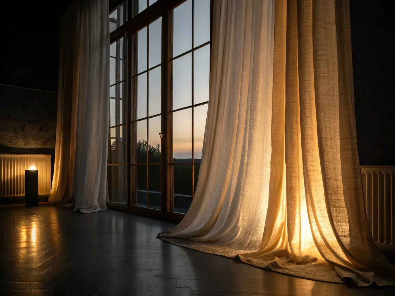 Linen curtains glowing with evening lamplight