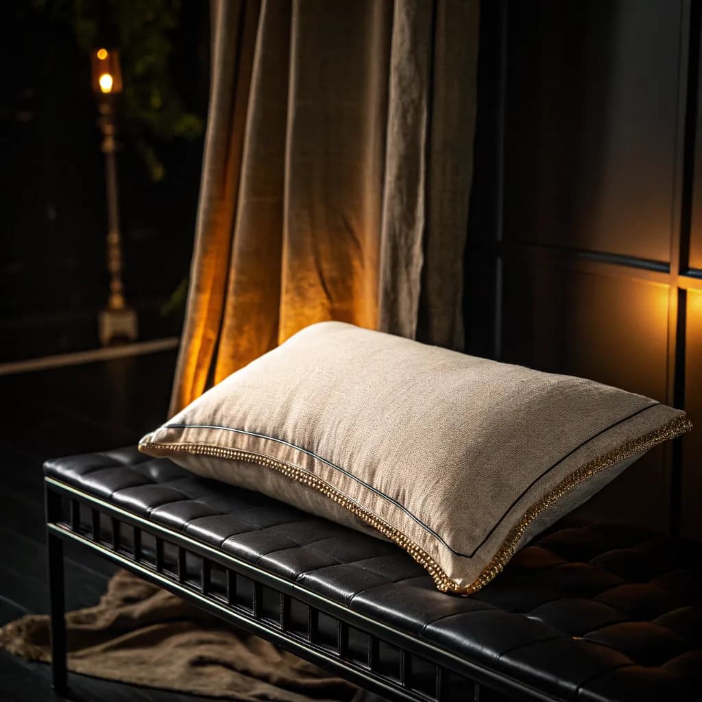 Linen cushion in a single warm spotlight