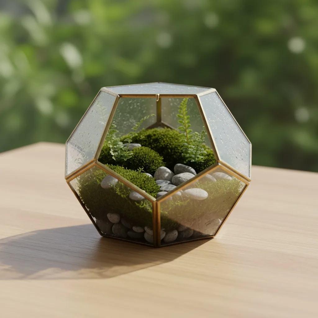 Geometric glass terrarium on a light desk