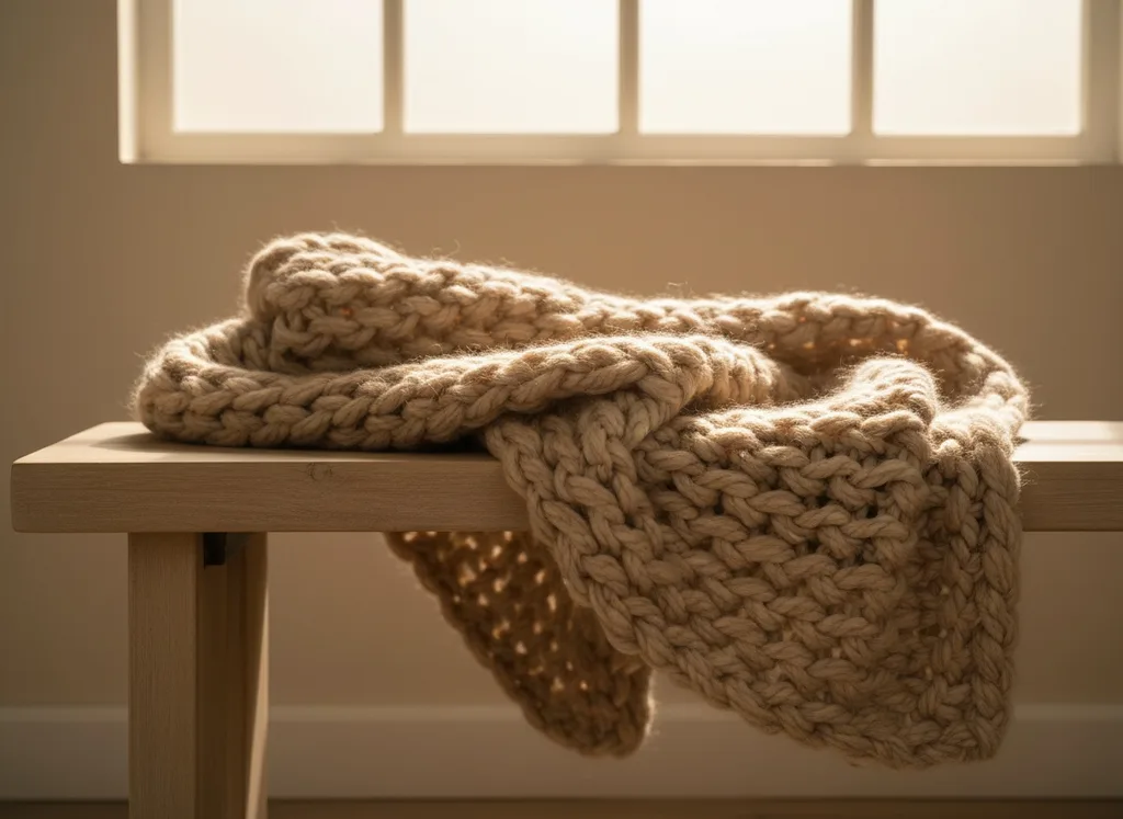 Chunky knit throw over a wooden bench