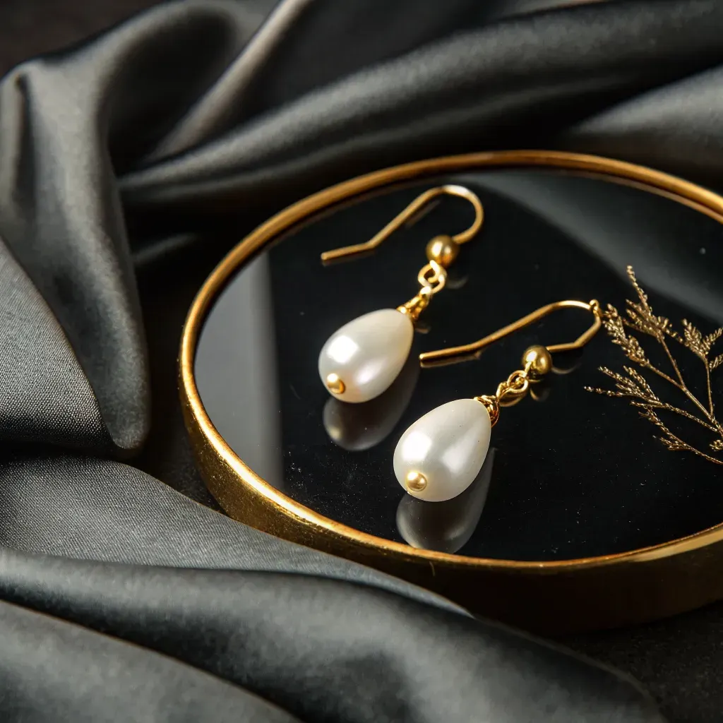 Pearl drop earrings on charcoal silk