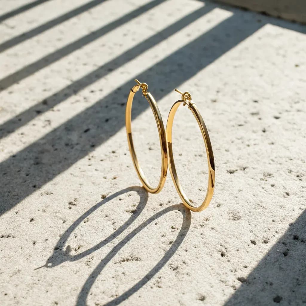 Gold hoops on terrazzo in hard daylight