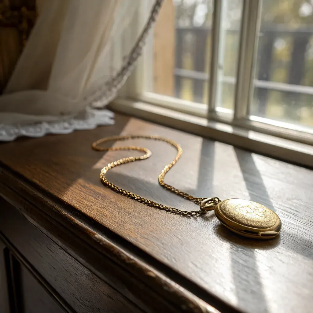 Antique locket on an oak vanity