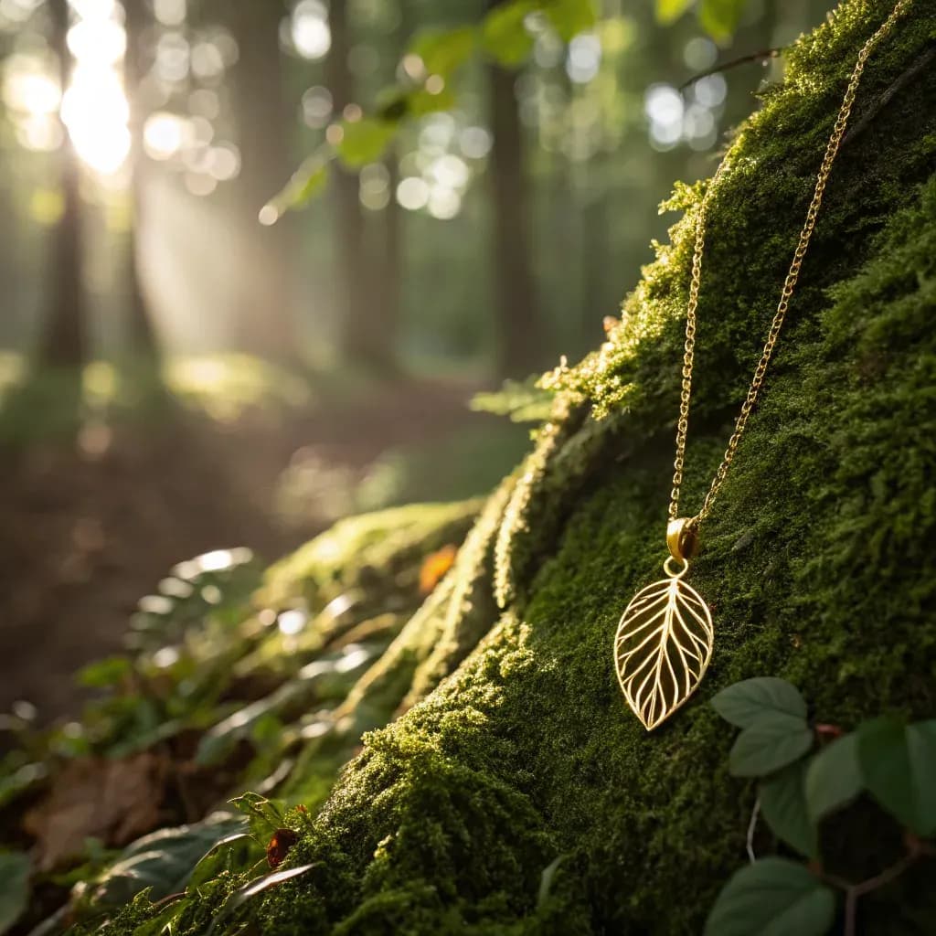 Gold pendant on mossy stone in forest light