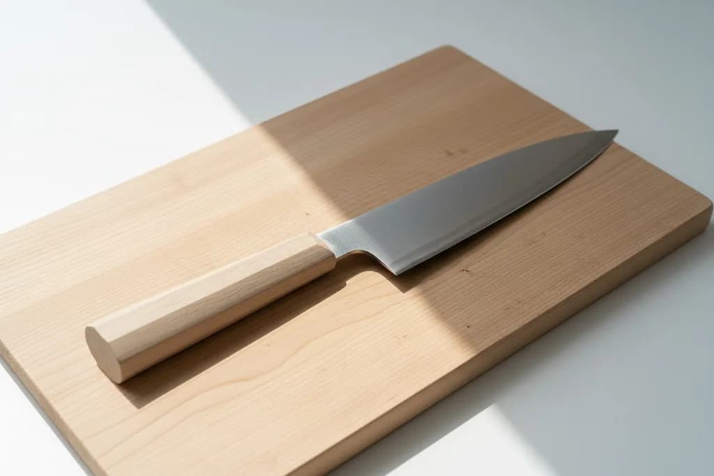 Chef knife on a maple cutting board
