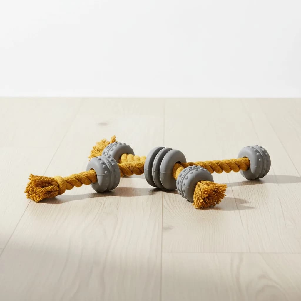 Rope dog toy on a bright wooden floor