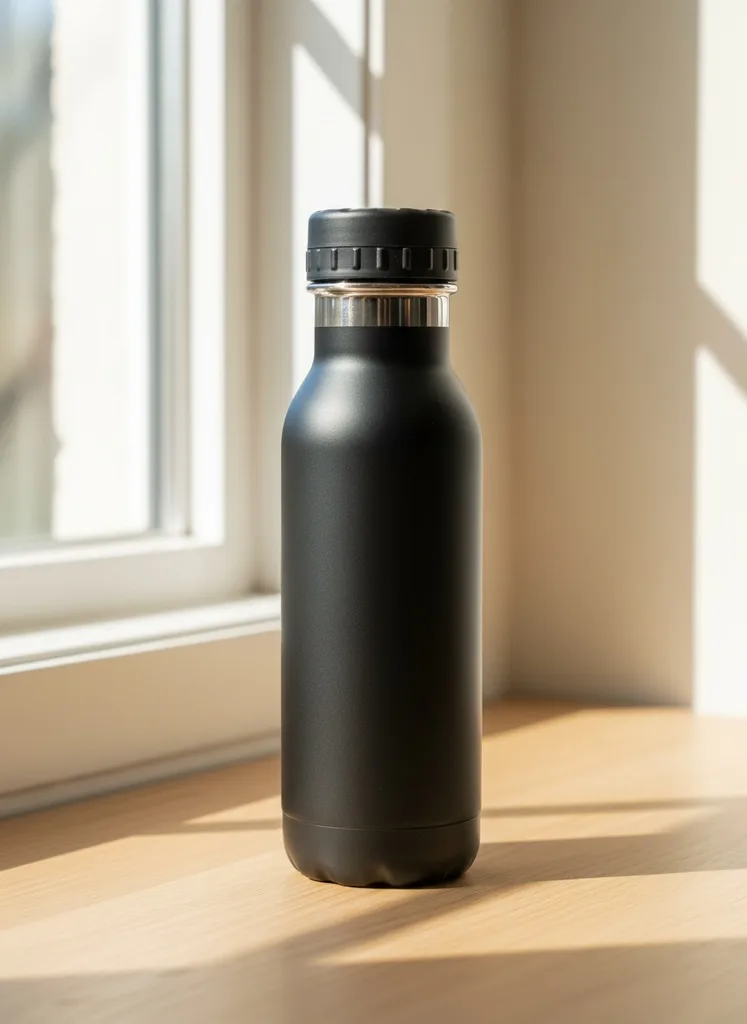Matte black water bottle on pale oak