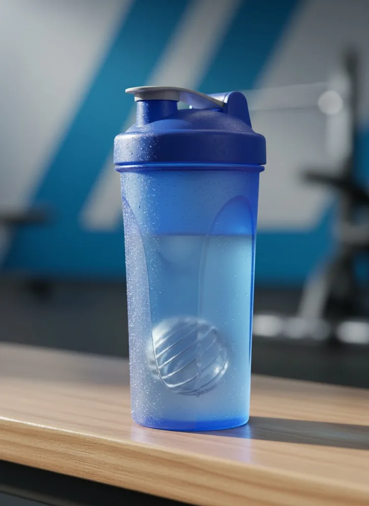 Blue protein shaker on a bright bench