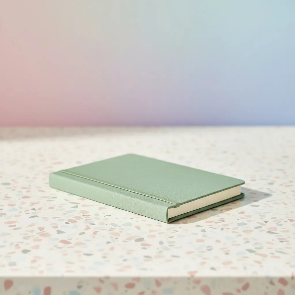 Sage planner on a pale terrazzo surface