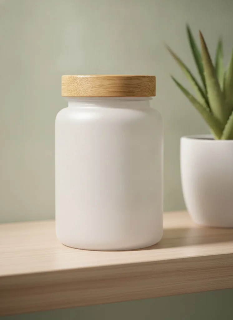 Supplement jar with a bamboo lid by an aloe plant