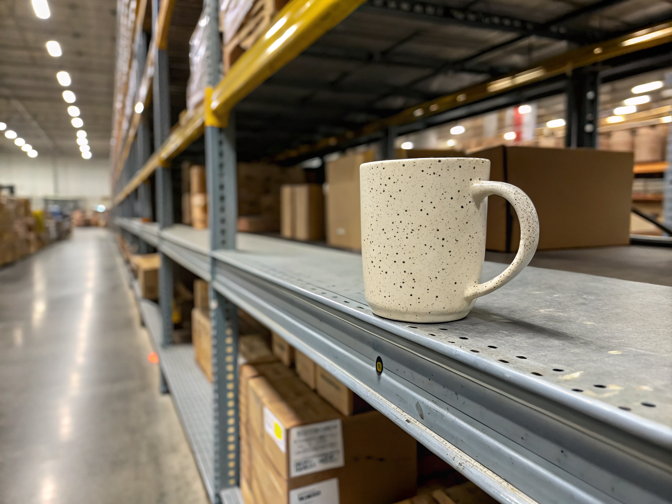 A real warehouse photo of a ceramic mug